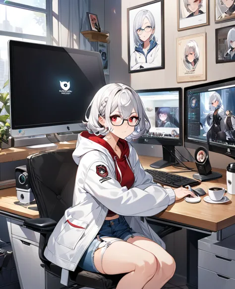 ((perfect human body)),1girl,silver hair,red eyes,curly medium short hair,square glasses,wearing a large white coat,hoodie,,dair...