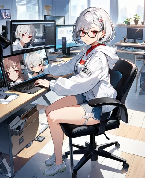 ((perfect human body)),1girl,silver hair,red eyes,curly medium short hair,square glasses,wearing a large white coat,hoodie,,dair...