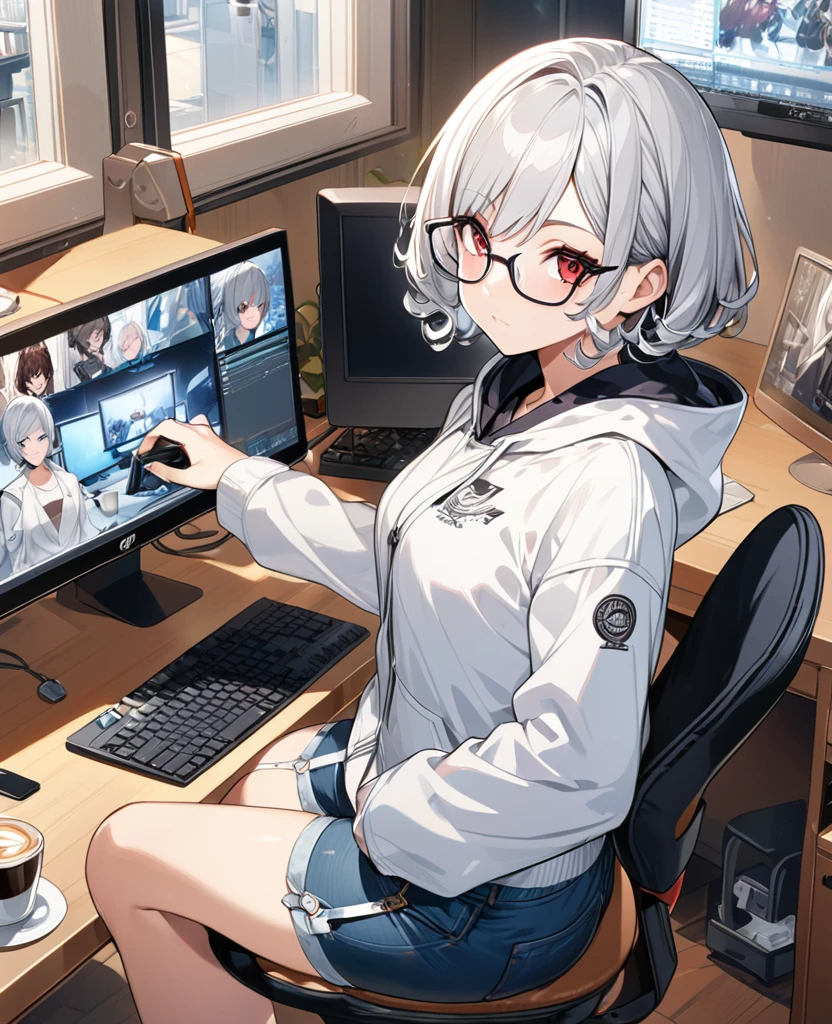 ((Perfect human body)),1girl,Silver Hair,Red eyes,Curly medium short hair,Square glasses,Wearing a large white coat,hoodie,,Dairy-free,garter belt,Sit on a chair,desk,Character portrait,full Art,Large surveillance monitor,computer,Messy desk,Short denim pants,Own coffee,hold one&#39;s head,Tired look