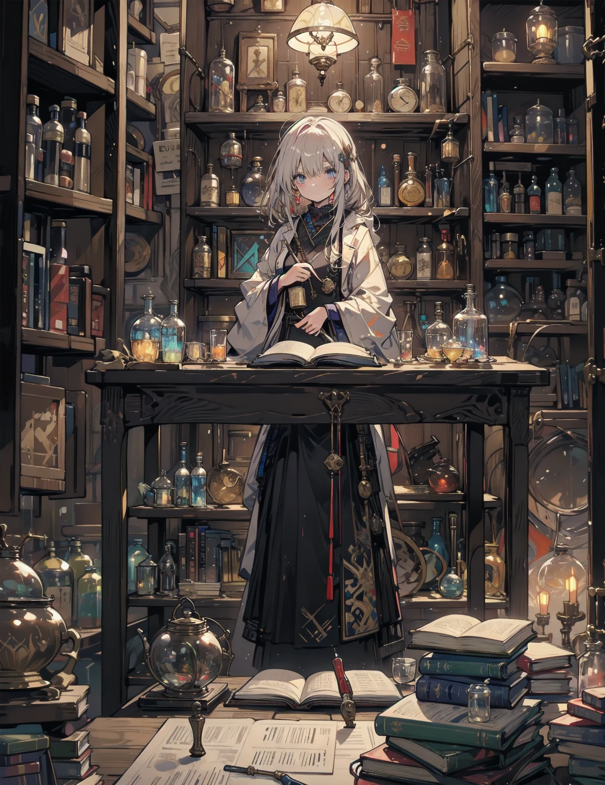 Alchemist, workshop, large cauldron, medicine bottle, wizard's tools, bookcase, heavy leather books, fantasy robes, researcher, laboratory, medieval science, lamp light, dusk