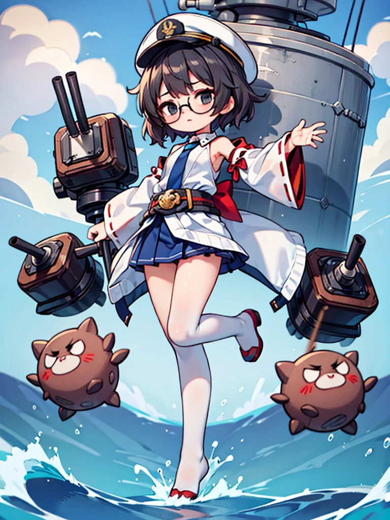 ((((Full body of a woman with perfect flat chest、solo、Short unkempt black hair、Tie your messy hair at the nape of your neck、white military jacket、Miko costume、tights、Black glasses、White military cap、Cloudy black eyes、Sleepy expression)))), (((masterpiece))), (((Shipgirl))), ((Floating on the morning sea with both feet)), (Spread your legs wide open), (Hold the turret with your right hand), (Mechanical arms extending from the waist are used to equip the ship with battleship equipment.), (Equipped with a turret on the back), (Holds the turret with his left arm), Shotgun shells are attached to the thigh with a belt, Spreading the Machine&#39;s Wings, Machine tail,  shotgun, 