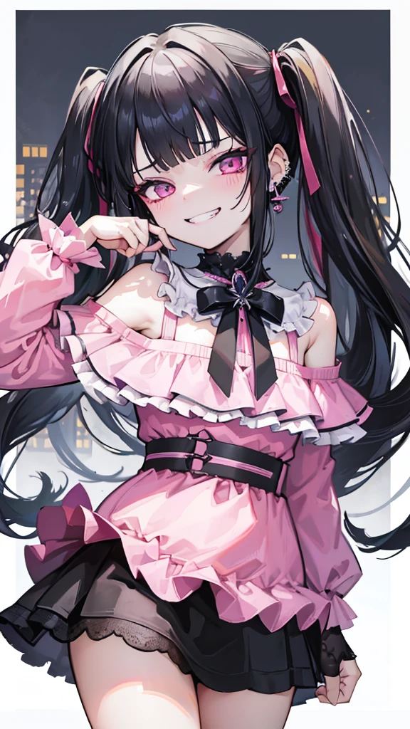 (8K、Highest image quality、highest quality、masterpiece)、detailed face、1 girl、black hair、long hair、twintails、blunt bangs、pink eyes、evil smile、((grin))、earrings、Moderate chest、pink clothes、frills、((off shoulder))、black mini skirt、cowboy shot、burnig downtown background,evil huge laugh,lipstick,sadistic smile,deep shaded face,,smile worst,worst ridecule,evil moukery,,,two hands,five fingers