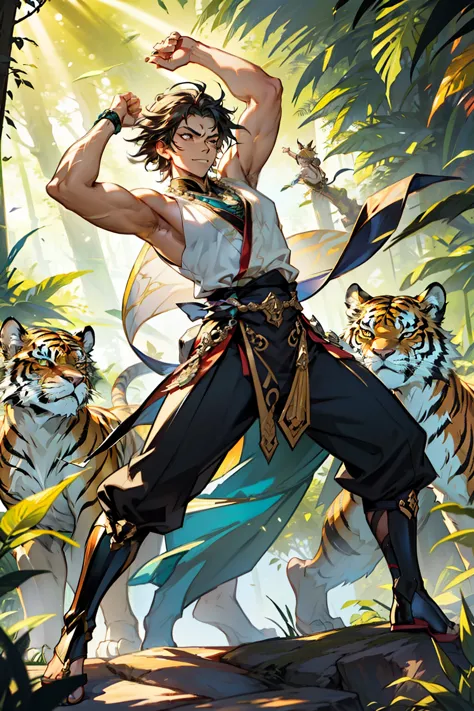 tora, a majestically personified tigress, is gracefully dancing in a lush, jungle-inspired pantomime stage.

the scene is calibr...