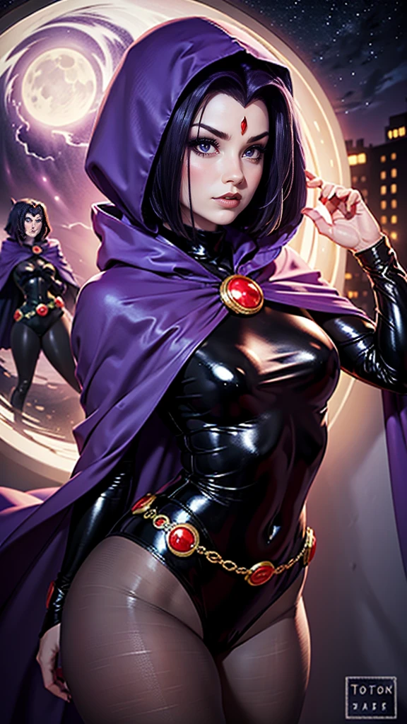 illustration of Raven from DC Comics, 1 girl, voluptuous, amazing detailed big booty, Raven, turtleneck, Black leotard, Black cape, hood, purple hair, forehead jeEmel, purple eyes, short hair, Belt, tight skin, standing, cleavage, toned, pose, night , moonlight, ((posing)), movement lines, torso, upper body, portrait, B&Em. contour, in anime tarot card art style, elegant, glamorous, reflection, shine, shading, pantyhose 40 dinier, small