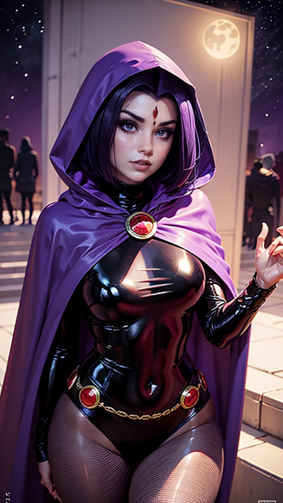 illustration of Raven from DC Comics, 1 girl, voluptuous, amazing detailed big booty, Raven, turtleneck, Black leotard, Black cape, hood, purple hair, forehead jeEmel, purple eyes, short hair, Belt, tight skin, standing, cleavage, toned, pose, night , moonlight, ((posing)), movement lines, torso, upper body, portrait, B&Em. contour, in anime tarot card art style, elegant, glamorous, reflection, shine, shading, pantyhose 40 dinier, small