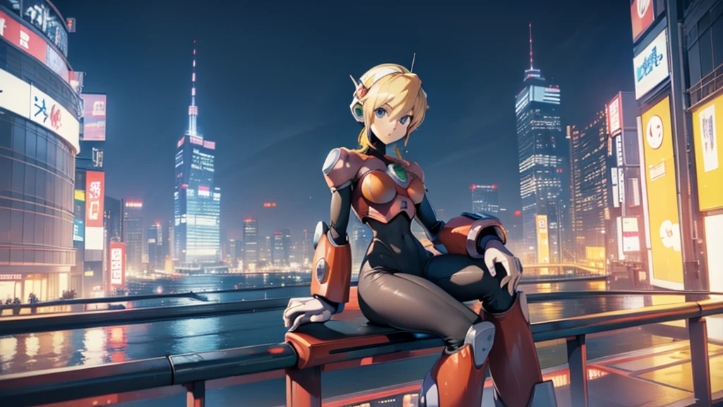 entre otras cosas_Megamanx se sienta en el borde de un edificio en Tokio, la ciudad cyberpunk al fondo