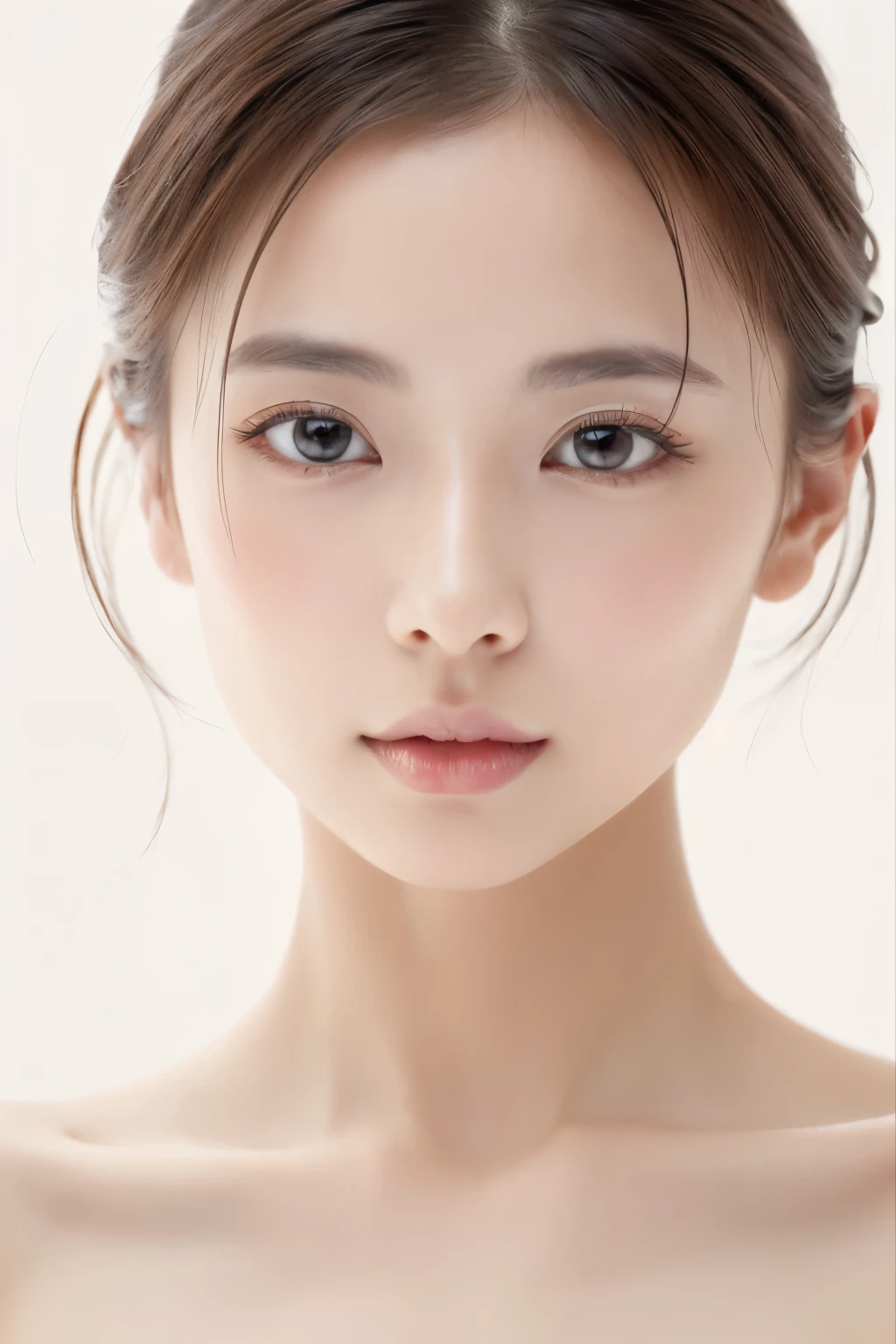 (la plus haute qualité, Table, 8k, Meilleure qualité d&#39;image, Des œuvres primées), femme japonaise, (Gros plan du visage:1.2), (fond blanc pur:1.2), (nu:1.1), Lèvres fermées, parfait beau visage, Une belle peau éclatante, maquillage parfait