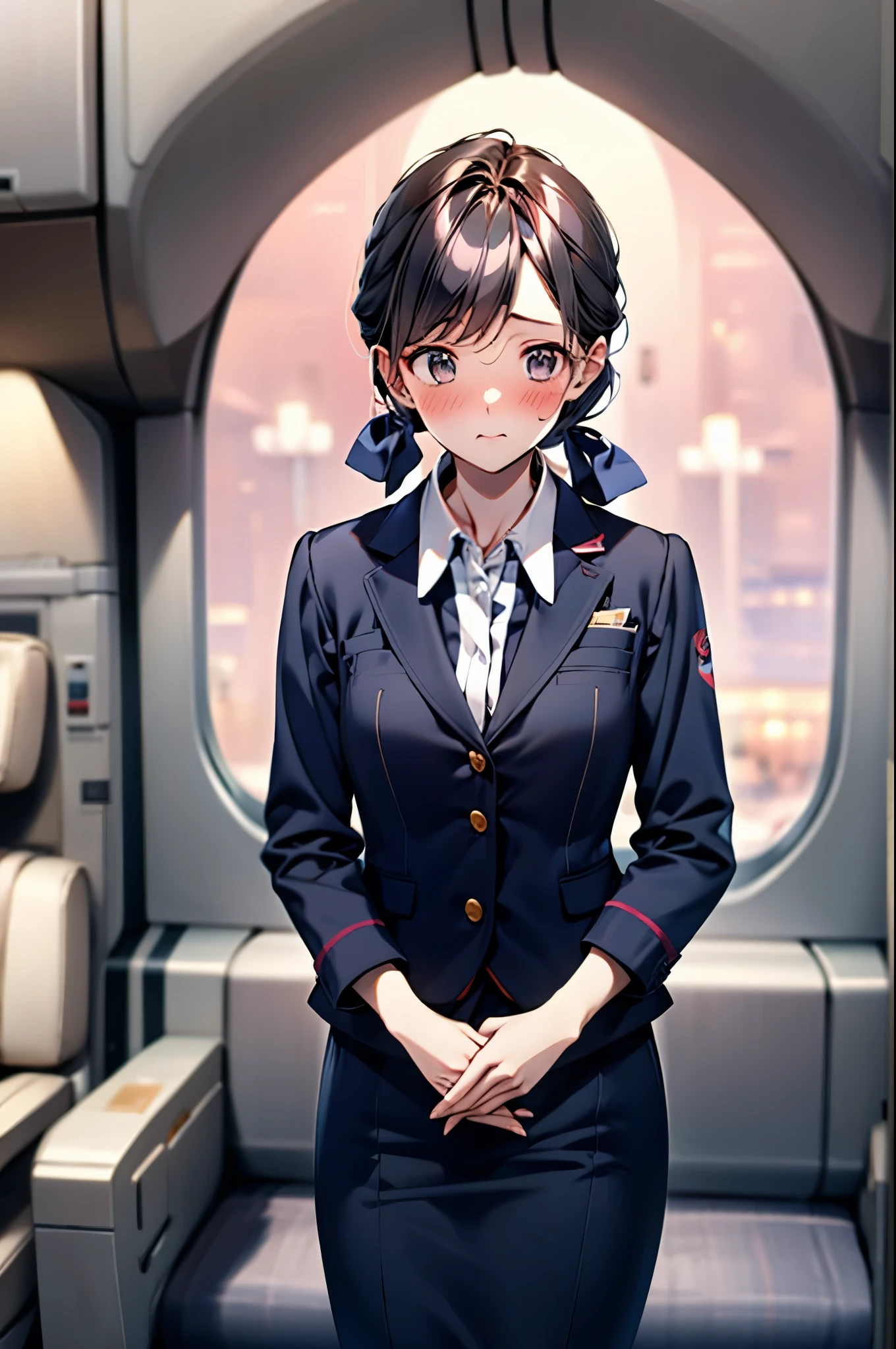 (1 person、alone), Beautiful woman, Anatomically perfect body, Slender、(stewardess、Cabin attendant), Japan Air Line uniform、Jacket、skirt、(Look down:1.2), (Pussy juice:1.1)、(Hold my chest:1.2)、20-year-old、(Highest quality)、Black Hair, (Half Up:1.1), On the plane、(8K, High resolution)、(shy:1.4)、medium breast, (steam:1.1), (embarrassed:1.3), show off nipples under shirt