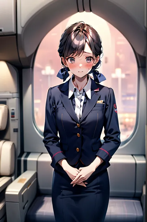 (1 person、alone), Beautiful woman, Anatomically perfect body, Slender、(stewardess、Cabin attendant), Japan Air Line uniform、Jacke...