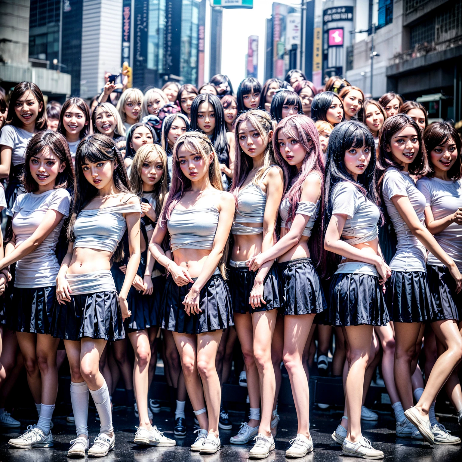 ((extremadamente detallado (12 chicas KAWAII seguidas:1.37) en el cruce de Shibuya Hachiko-mae)), (Obra maestra de alta calidad) (Fotorrealista:1.37), {(De pie de cuerpo entero:1.2)|(desde abajo:1.2)}, Diferentes tipos de colores de cabello., {uniforme escolar|vendaje desnudo|frío}