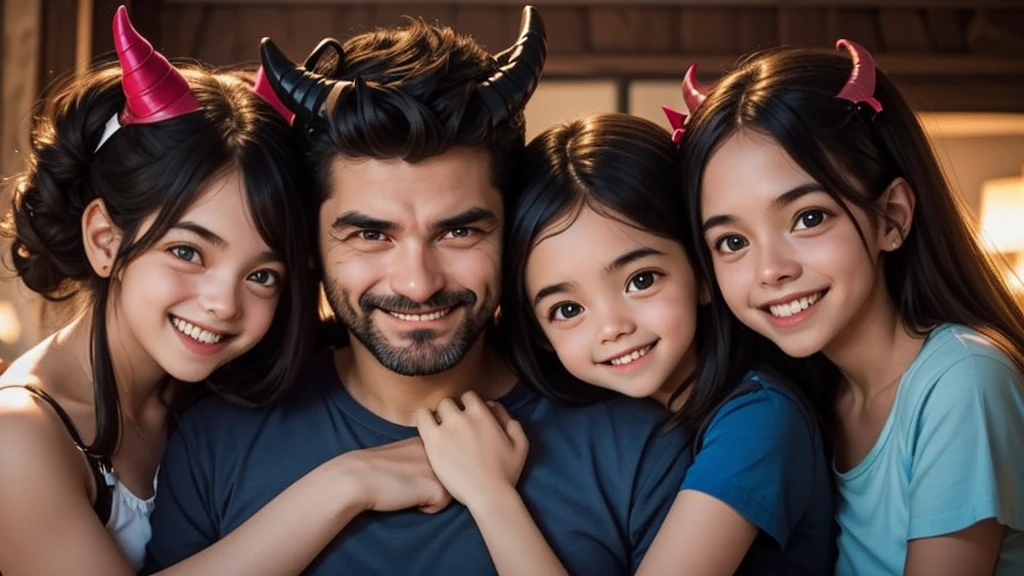 a father embracing his two daughters, the father has a smile and devil horns, his daughters have a face of happiness and innocence, it is an image of the eopca of jesus christ.
