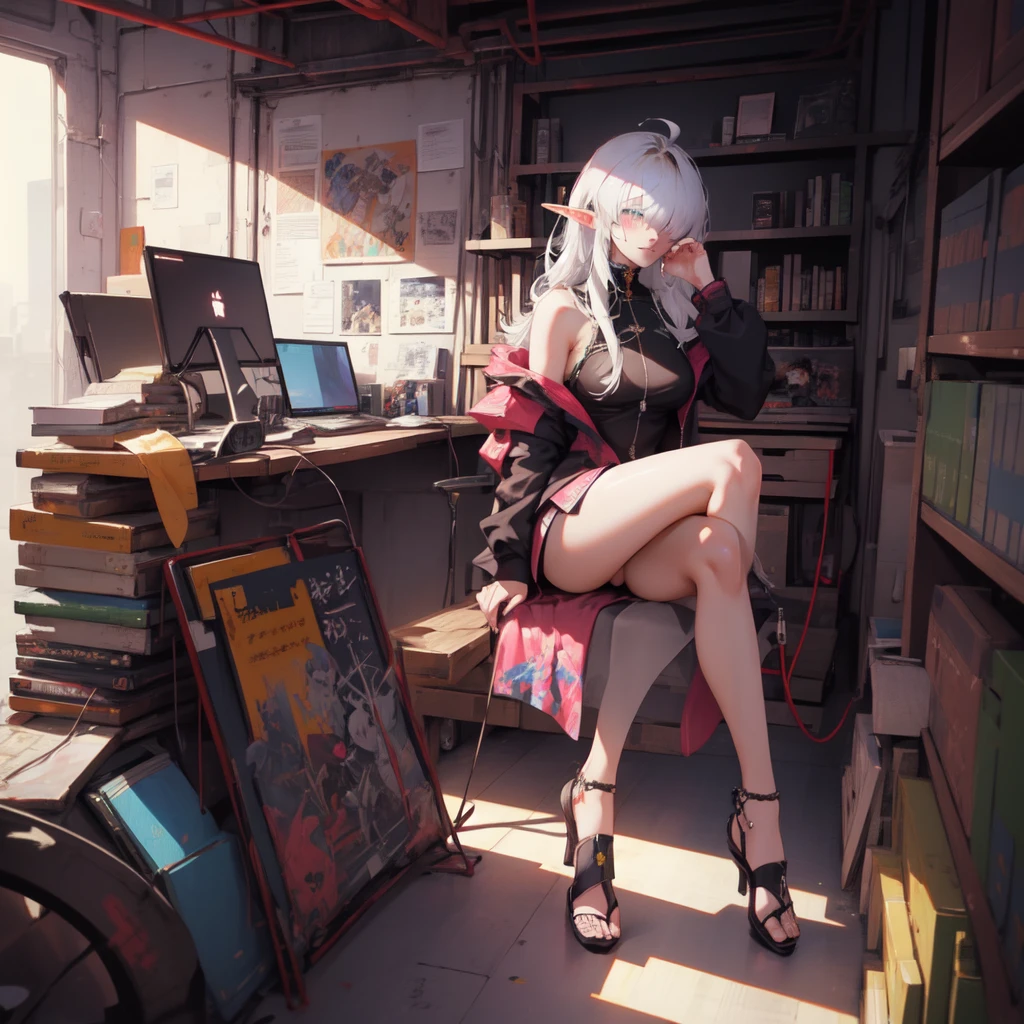 ((​masterpiece )), (top quality), (best quality), ((Ultra-detail, 8K quality)), aesthetics, cinematic lighting, (detailed line art), beautiful digital artwork, exquisite digitale Illustration, most absurd, (best composition), (high resolution), 
romper,
Portrait of a beauty fairy, Cyberpunk Techwear Streetwear Look and Clothing, We can see them from the feet to the head, very detailed and complicated, golden ratio, Beautiful bright colors, futuristic, cyberpunk setting, Cyberpunk style, (sitting in the library), Viewers look at, artstation, conceptual art, Cyberpunk style illustration by Yoji Shinkawa, By Haruhiko Mikimoto, 
romper,
very detailed by (elf), (1 girl), alone, perfect face, Details Eye, cyber_mark, facial spot, Ahoge, ((Long hair:1.2)), (Hair over one eye:1.3), [[tousled hair]], (Blonde white hair, multi-colored hair), yellow  eyes, multi-color eyes,  glowing eyes, Smart students, (eyelashes, eyeshadows, pink eyeshadows), smile, design art By Haruhiko Mikimoto, by kawacy, By Yoshitaka Amano,
romper, 
((perfect anatomy)), beautiful body, Mid Chest, (Extremely detailed fingers), (best hands), perfect face, pretty face, beautiful eyes, perfect eyes, (perfect fingers), (perfect legs), correct anatomy,