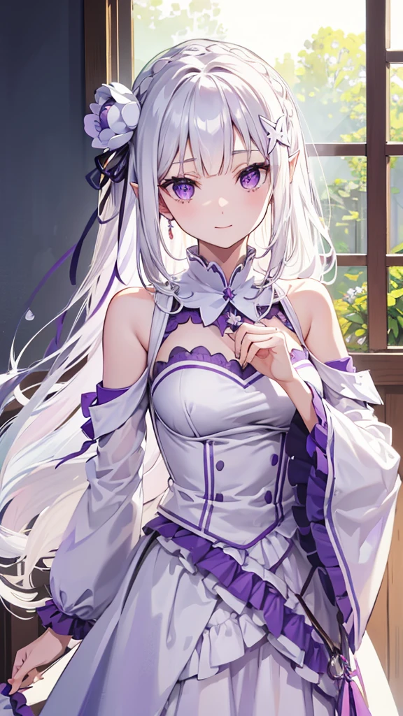 masterpiece, best quality, high resolution, best illustration, super fine illustration, (official art:0.7), (anime screencap:0.8), detailed beautiful face and eyes, anime keyvisual, (perfect anatomy:1.2), nice hands,  
1girl,
long hair, low-tied long hair, braid, crown braid, 
white hair, 
(purple eyes:1.2), (beatiful detailed eyes:1.2), 
(pointy ears:0.8), 
flower, hair flower, hair ornament, hair ribbon, white flower, x hair ornament, 
medium breasts, 
dress, pink dress, bare shoulders, detached collar, long sleeves, shoulder cutout, wide sleeves, white sleeves, 
happy smile, enjoy,  
looking at viewer, 
cowboy shot, 
natural light, BREAK background of indoor, 