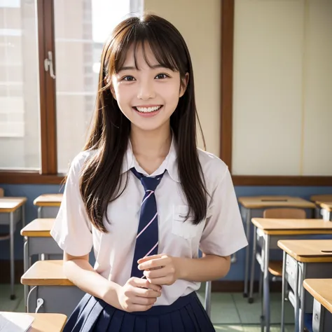 Laughing Japanese high school girl、classroom、、masterpiece, Highest quality, Photorealistic、Laugh with your mouth wide open、Smili...
