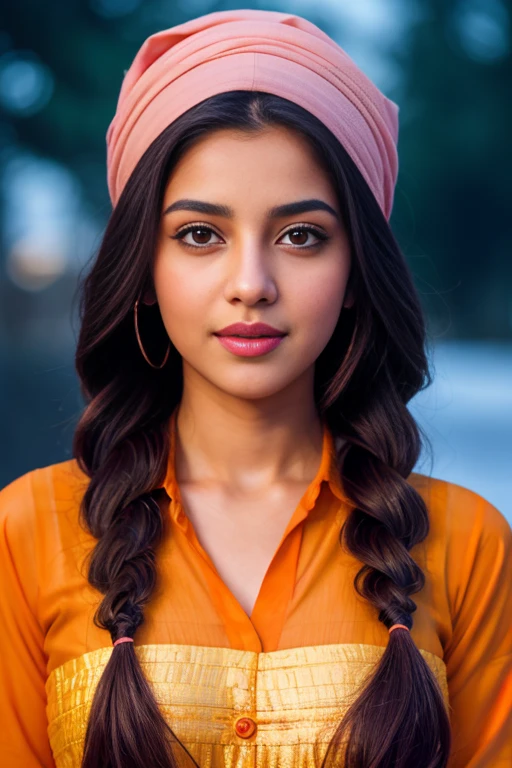 A young syrian beautiful girl, 18-year-old,  Beautiful woman, strikingly beautiful, delicate facial features, expressive eyes, 18 years old student, beautiful orange kurti dress, covering her body with transparent chunari, (orange bindi on head), during daytime, yamamura, calm and cool, Detailed body, ((white skin)), Detailed face, ((orange eye)), ((pink lips)), shiney body, Gorgeous, A hyper-realistic, Charming, beautiful, Long braided hair, Ambient lighting, Foggy, Winters, Detailed background, Volumetric lighting, Shadow, 8K