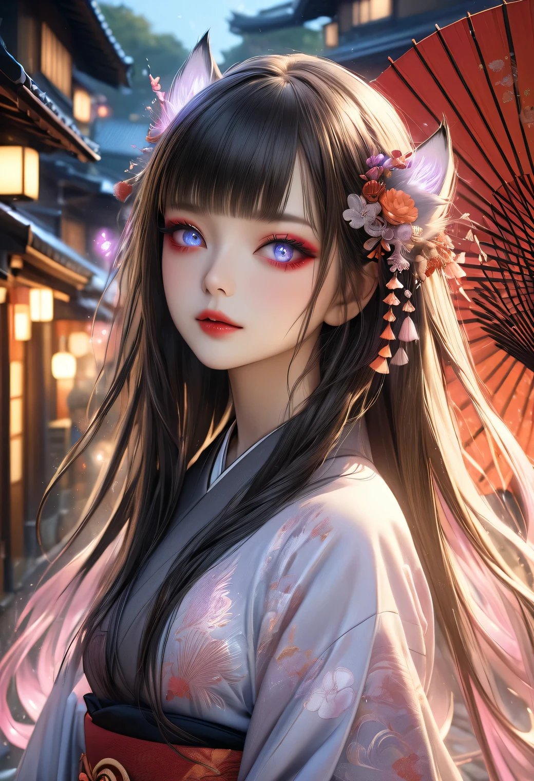 realistic 1girl, detailed beautiful fox-Apparition girl, with a Japanese umbrella, long straight white and black gradient hair, blunt bangs, flowing hair, beautiful detailed eyes, eye makeup like a Kabuki actor, beautiful detailed lips, detailed facial features, detailed hair, detailed skin, detailed outfit, Kyoto townhouse background, glowing magic aura, ethereal, magical, fantasy, whimsical, artistic, vibrant colors, cinematic lighting, award-winning, (highest quality, 16k, highres, masterpiece:1.2), (ultra-realistic, photorealistic:1.37), (intricate details:1.2), (depth of field:1.1), ultra-detailed, cinematic lighting, warm color palette, intricate patterns, elegant, graceful, ethereal