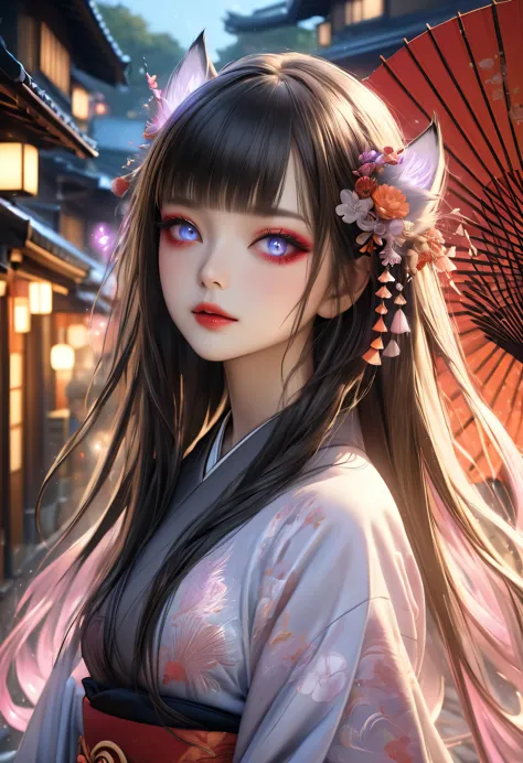 realistic 1girl, detailed beautiful fox-Apparition girl, with a Japanese umbrella, long straight white and black gradient hair, ...