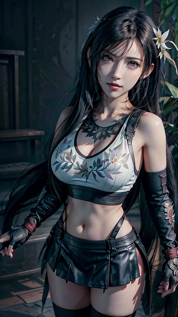Trends on ArtStation, Trends on CGSociety, Intricate, High Detail, Sharp Focus, Dramatic, starry night sky, Tifa Lockheart of Final Fantasy, Tifa's original Final fantasy 7 costume, 25 years old, mature looking, Realistic Art of Drawing by Midjourney and Greg Rutkowski, Sketch, Masterpiece, Best Quality, Very Detailed, 1female, Half-body, head to bust image scope, buts portrait, close-up shot, white tank top and black leather skirt, standing position, Beautiful Meticulous Eyes, Cute Face, Bust, big bossoms, Beautiful Meticulous Face, White Hair, (Botanical Illustration: 1.5), no pornographical exposure, bigger breasts