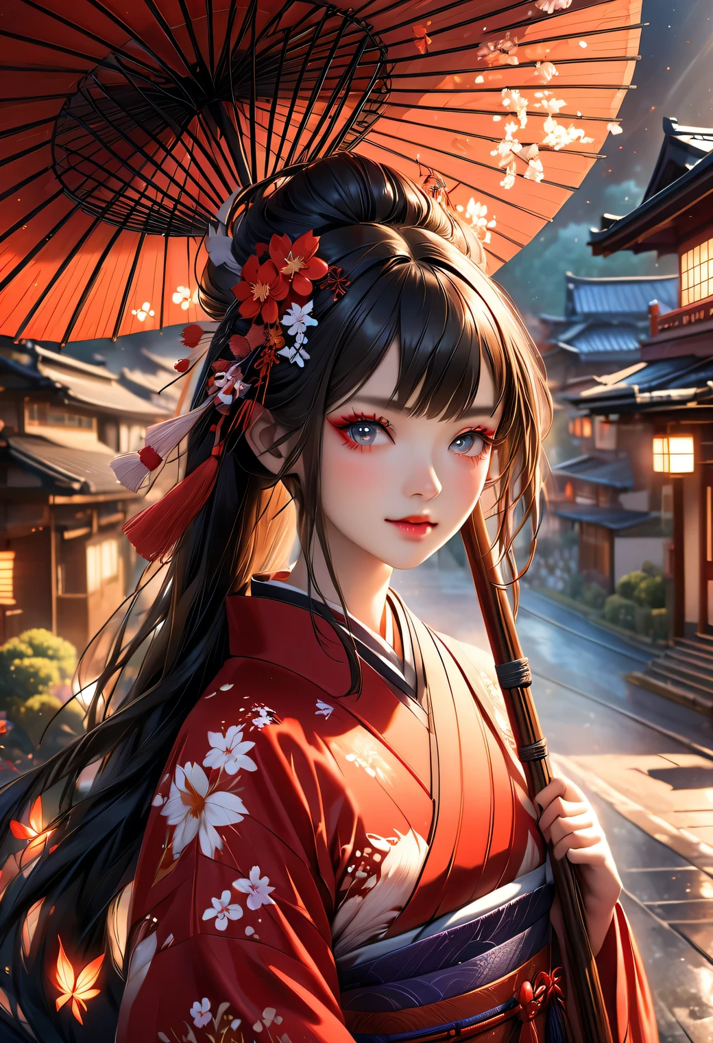 realistic 1girl, detailed beautiful fox-Apparition girl, in a japanese red floral kimono with a Japanese umbrella, long straight white and black gradient hair, blunt bangs, flowing hair, beautiful detailed eyes, eye makeup like a Kabuki actor, beautiful detailed lips, detailed facial features, detailed hair, detailed skin, detailed outfit, Kyoto townhouse background, glowing magic aura, ethereal, magical, fantasy, whimsical, artistic, vibrant colors, cinematic lighting, award-winning, (highest quality, 16k, highres, masterpiece:1.2), (ultra-realistic, photorealistic:1.37), (intricate details:1.2), (depth of field:1.1), ultra-detailed, cinematic lighting, warm color palette, intricate patterns, elegant, graceful, ethereal