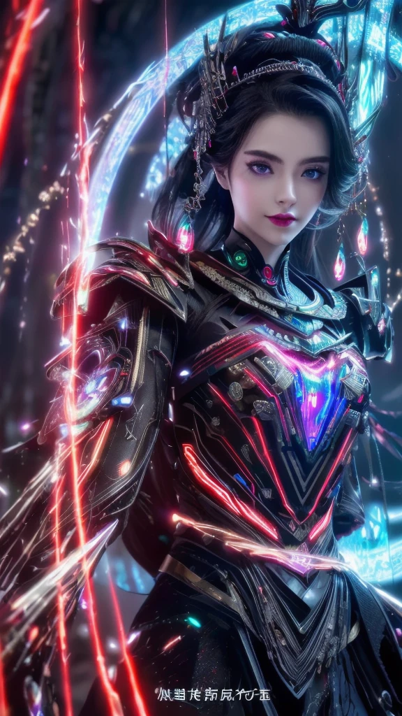 Superior quality, tmasterpiece, A high resolution, ((Photorealist: 1.4), photo RAW, - , water, rock, black and glow, red glow crystals, - 1GIRL, WOMAN, goddess warrior, hard, ultron futuristic suit, cybersuit, glow suit, glow eyes, beautiful woman, red gliiter lip, crystals