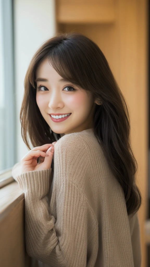 Tabletop, Highest quality, shape, Very detailed, In detail, High resolution, 8k wallpaper, Perfect dynamic composition, Beautiful details,Casual clothing,Bob Hair, small , Natural color lip, smile,Osaka，20-year-old girl，cute,Facing forward,Photo from the waist up,Senior employees