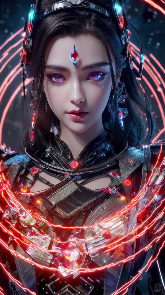 Superior quality, tmasterpiece, A high resolution, ((Photorealist: 1.4), photo RAW, - , water, rock, black and glow, red glow crystals, - 1GIRL, WOMAN, goddess warrior, hard, ultron futuristic suit, cybersuit, glow suit, glow eyes, beautiful woman, red gliiter lip, crystals