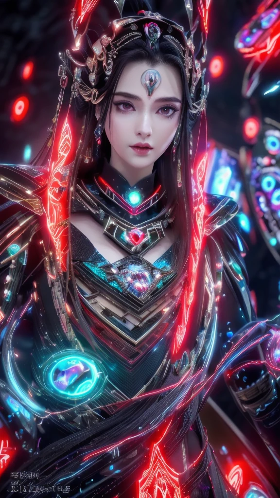 Superior quality, tmasterpiece, A high resolution, ((Photorealist: 1.4), photo RAW, - , water, rock, black and glow, red glow crystals, - 1GIRL, WOMAN, goddess warrior, hard, ultron futuristic suit, cybersuit, glow suit, glow eyes, beautiful woman, red gliiter lip, crystals