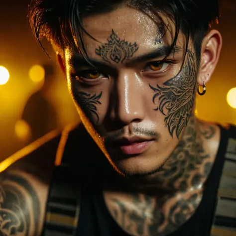 close-up face shots; a handsome young Thai man with detailed tattoo on face, wearing a trousers with a face full of sweat, the a...