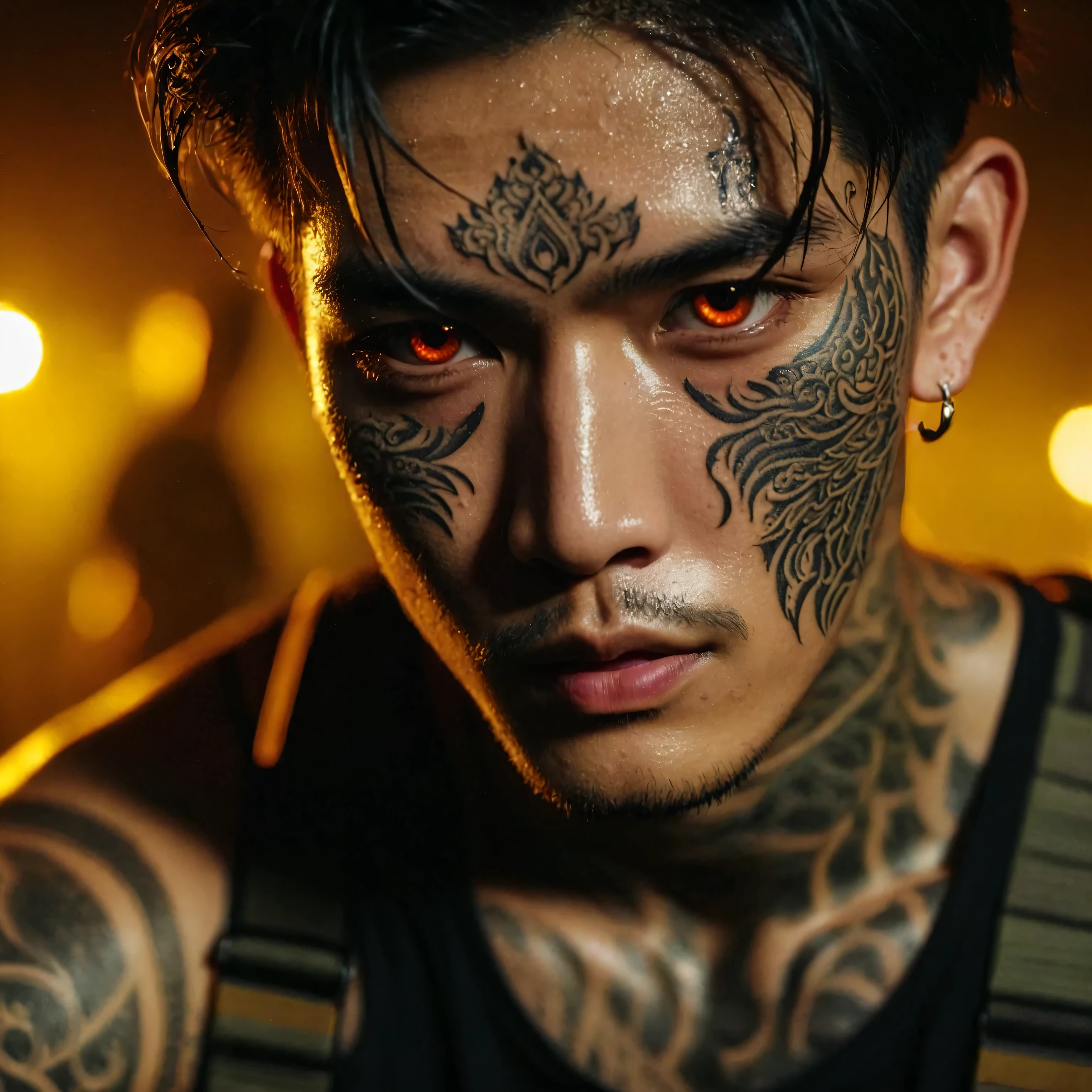 close-up face shots; a handsome young Thai man with detailed tattoo on face, wearing a trousers with a face full of sweat, the atmosphere in the room is dark, dim yellow lights, focus on face, UHD 1536px, high quality cinematic photo