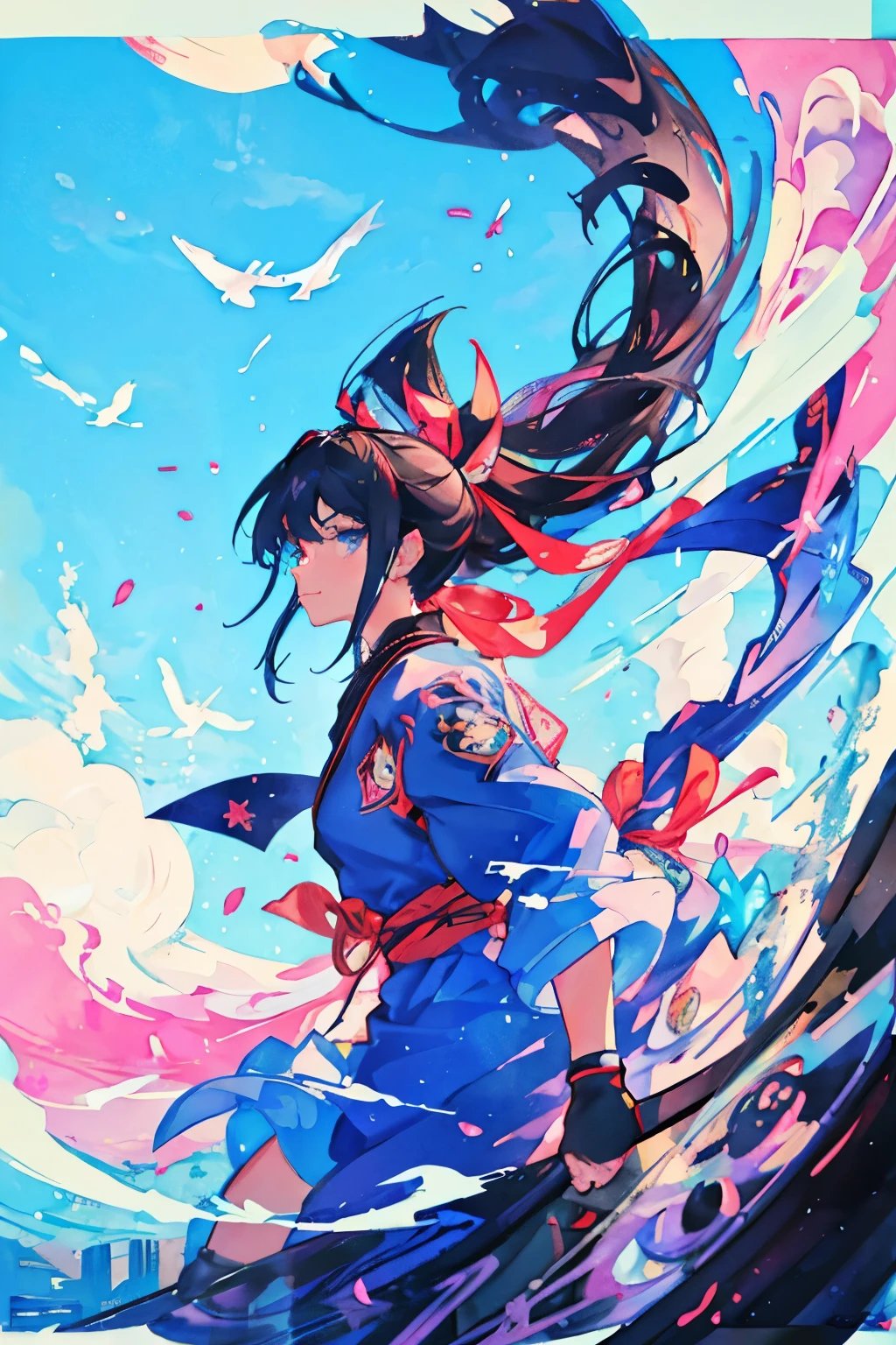 Luxury masterpiece, highest quality,
colorful smoke
One girl, ninja, comic style, anime style illustration, ninja outfit, cool, cute, beautiful face, hair tied with a red ribbon, beautiful sky blue hair, shuriken in hand, shuriken on side of face Poised, from the side, watercolor, colorful, glitter, brush-painted art, blue eyes, watercolor clouds in the background, standing on a tree, overlooking the city