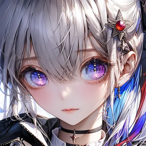 a beautiful anime-style girl with long silver ponytail hair with purple streaks often covering her left eye, heterochromatic eye...