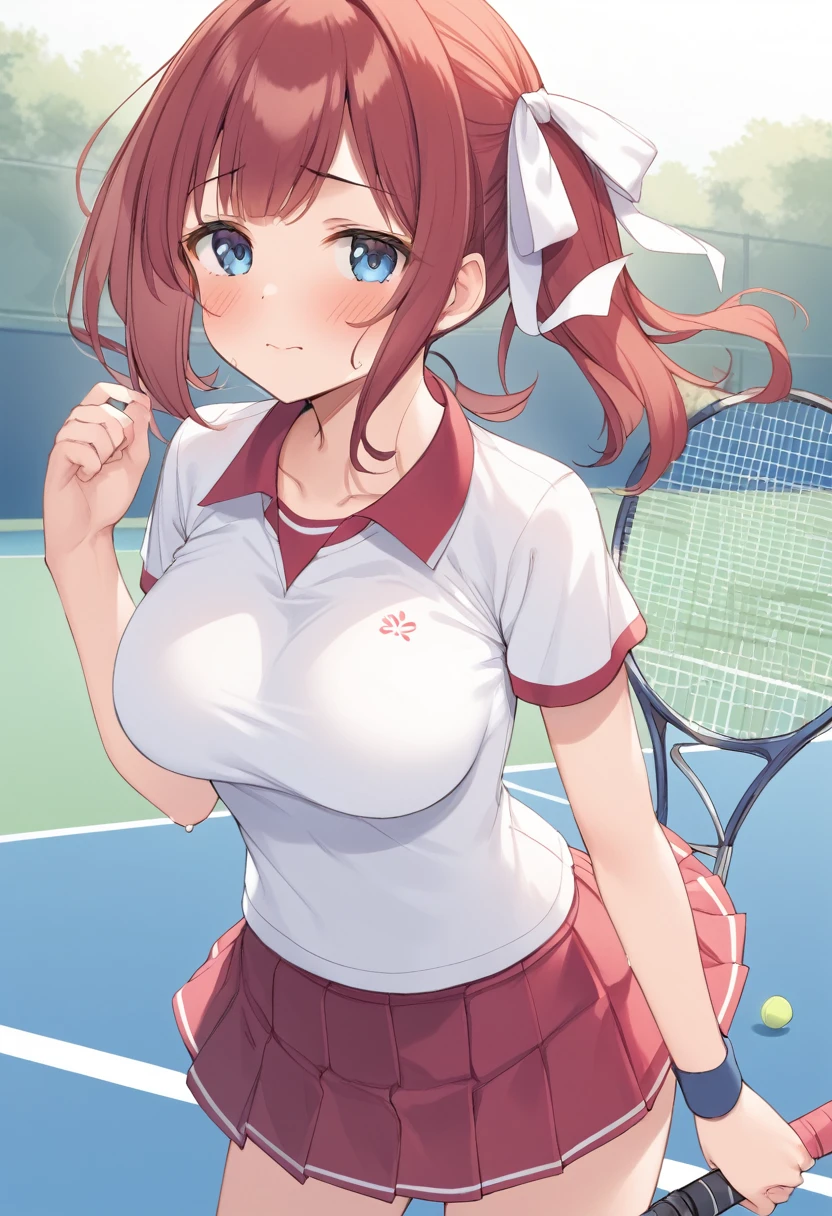 Highest quality,1 Girl,Large Breasts,orgasm,blush, Shut your mouth., Sweat,Aoi Tennis, Hair Ribbon, Tennis uniform, Polo shirt, Raglan sleeves, Short sleeve, Pleated skirt, Red Skirt,((Lift up your skirt,White panties:1.1)),garden
