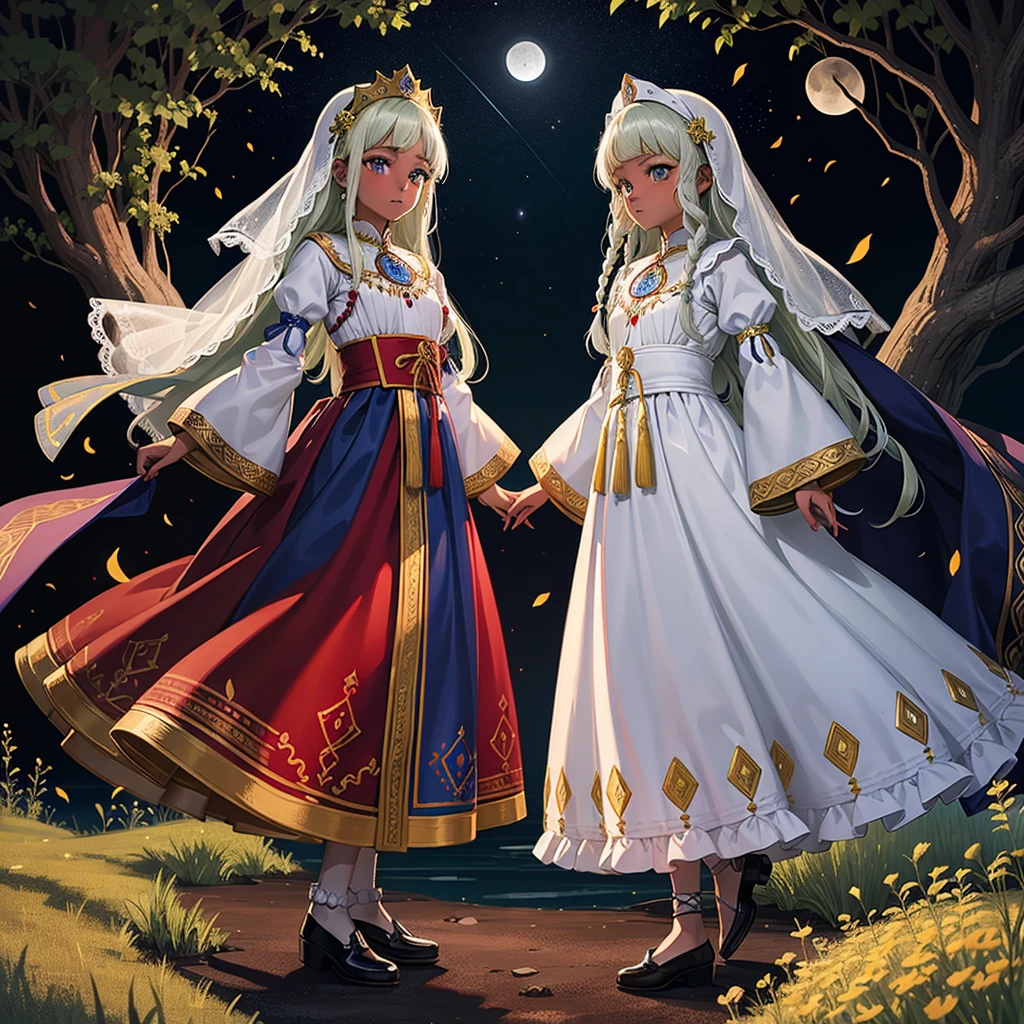 最high quality、high quality、10 years old、Brightly embroidered folk costumes from Central Asia and the Caspian Sea region、Bride Girl、Moonlight meadow、moonlight、Long dress