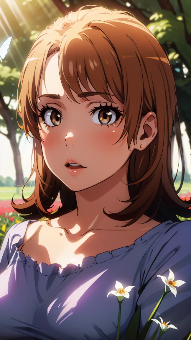 a cute , 1girl, beautiful detailed eyes, beautiful detailed lips, extremely detailed face, long eyelashes, adorable expression, , innocent, playing in a field of flowers, wildflowers, butterflies, sunlight, natural lighting, warm colors, vibrant, detailed, soft, dreamy, magical, fairytale, fantasy, high quality, 8k, masterpiece, photorealistic