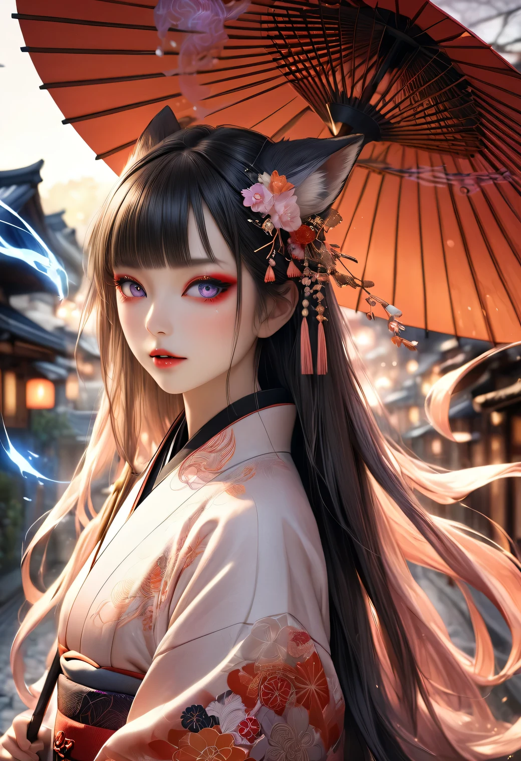 realistic 1girl, detailed beautiful fox-Apparition girl, with a Japanese umbrella, long straight white and black gradient hair, blunt bangs, flowing hair, beautiful detailed eyes, eye makeup like a Kabuki actor, beautiful detailed lips, detailed facial features, detailed hair, detailed skin, detailed outfit, Kyoto townhouse background, glowing magic aura, ethereal, magical, fantasy, whimsical, artistic, vibrant colors, cinematic lighting, award-winning, (highest quality, 16k, highres, masterpiece:1.2), (ultra-realistic, photorealistic:1.37), (intricate details:1.2), (depth of field:1.1), ultra-detailed, cinematic lighting, warm color palette, intricate patterns, elegant, graceful, ethereal