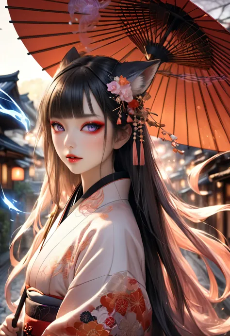 realistic 1girl, detailed beautiful fox-Apparition girl, with a Japanese umbrella, long straight white and black gradient hair, ...