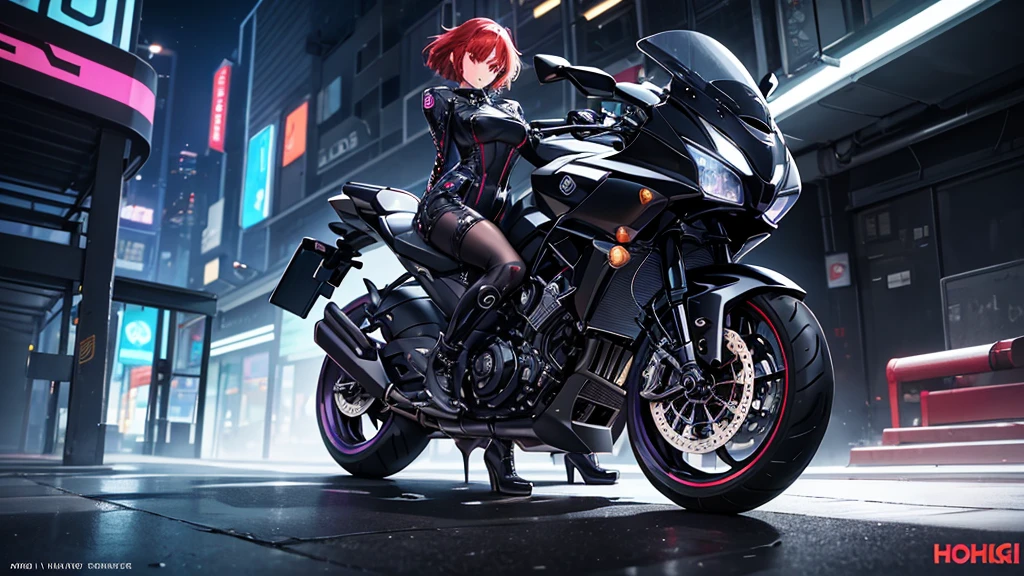 The image shows an illustrated character sitting on a motorcycle.. The character has short hair and wears a suit with black-violet colors and yellow neons that surround his prominent bodysuit.... The motorcycle looks big and futuristic., same color palette with elegant lines and luminous elements. The background suggests an urban environment illuminated with neon lights., possibly at night. There are various shapes and patterns reminiscent of digital or cybernetic motifs..., contributing to the overall sci-fi look of the image.. I imagine this girl with a futuristic appearance and full of mystery.. His body is wrapped in a purple and black jumpsuit.., Shiny chains entwine around his arms and legs., as if they were metallic tattoos. The three-strand necklace, with its padlock in the shape of digits, It is their symbol of submission and devotion.. Her red hair falls in waves over her shoulders..., and his green eyes shine with a mixture of passion and obedience. The black dress fits her curves., enhancing her voluptuous figure. Each chain that tightens around her skin is a reminder of her role as a beloved slave.... In the dark garage, the girl prepares for her master. The cyberpunk motorcycle awaits you, Its shiny surface reflects the neon lights of the city. The cat-shaped helmet gives it a mysterious look., and the tail that extends from the back of the seat seems to have a life of its own. She rides the motorcycle with grace., speeding into the night. The wind whistles in his ears as he walks through the dark streets., ready to carry out your master&#39;orders. In this futuristic world, where technology and passion intertwine, she is his slave, your confidant and your lover. The girl with the chains and a cyberpunk motorcycle is an enigma, a mixture of desire and slavery. Their story unfolds under the twinkling lights of the city.., and his figure becomes a legend in the night streets. SIMILAR TO IP:but