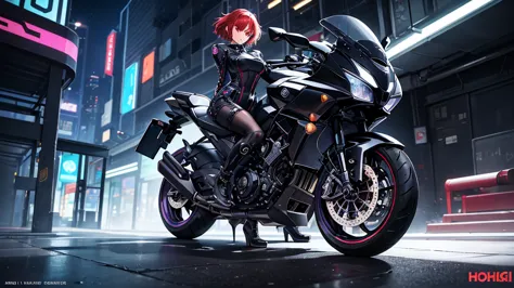 The image shows an illustrated character sitting on a motorcycle.. The character has short hair and wears a suit with black-viol...