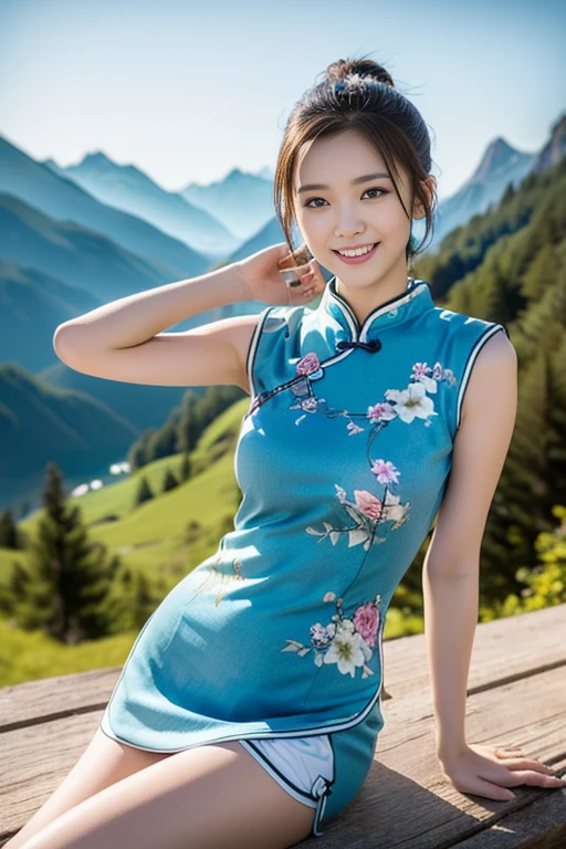 (masterpiece, a gorgeous lady, age 18, wearing Sky-blue traditional Qipao, relaxing, overlooking Swiss Alps, cool morning with Sun Rise, dimpled smile, short bob hair, ponytail, cute snaggleteeth, well-endowed round bosom, smooth porcelain skin, detailed face, beautiful detailed eyes, photorealistic, hyper-realism, high contrast, ultra HD, realistic skin texture, top image quality, top-quality, super high resolution, fine details, very meticulously, bokeh background, head to thigh, hip focus)