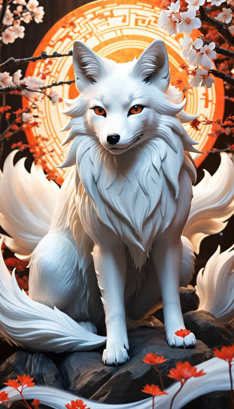 Nine-Tailed Fox: "Create a hyper-realistic and high-definition image of a Nine-Tailed Fox (Kyūbi no Kitsune) from Japanese folklore, with majestic tails and a mystical aura."