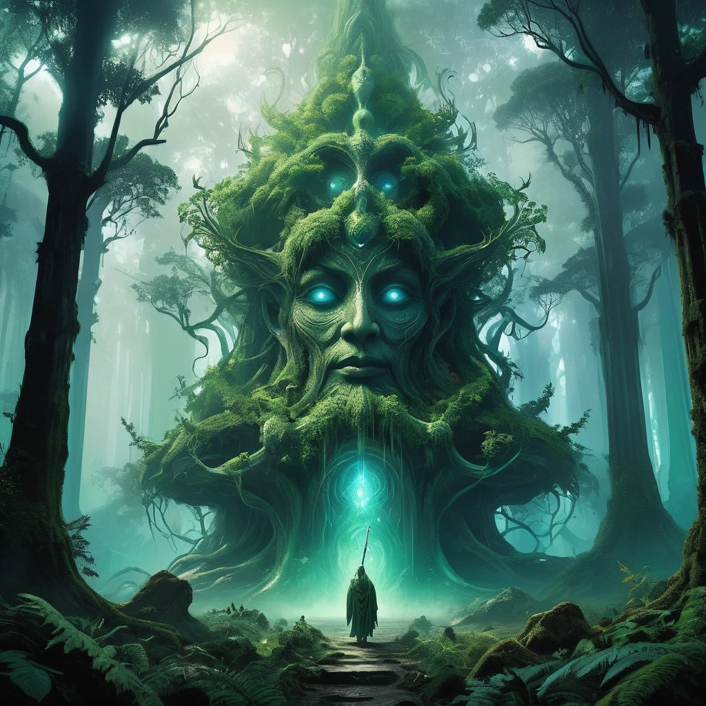 In the depths of an ancient forest, shrouded in mist and guarded by towering trees twisted with age, lies the sanctum of the nature god. This deity, older than memory and bound to the pulse of the earth itself, commands the primal forces of growth and decay. Describe the nature god's presence: their form blending seamlessly with the flora and fauna, their voice a whisper on the wind that carries both solace and warning to those who tread too close. Explore the rituals and offerings made by mortal devotees seeking favor or fearing the god's capricious wrath. Unveil the god's relationship with the forest's creatures, from the smallest sprite to the ancient treants, and the balance they maintain between nurturing life and reaping its inevitable cycles.