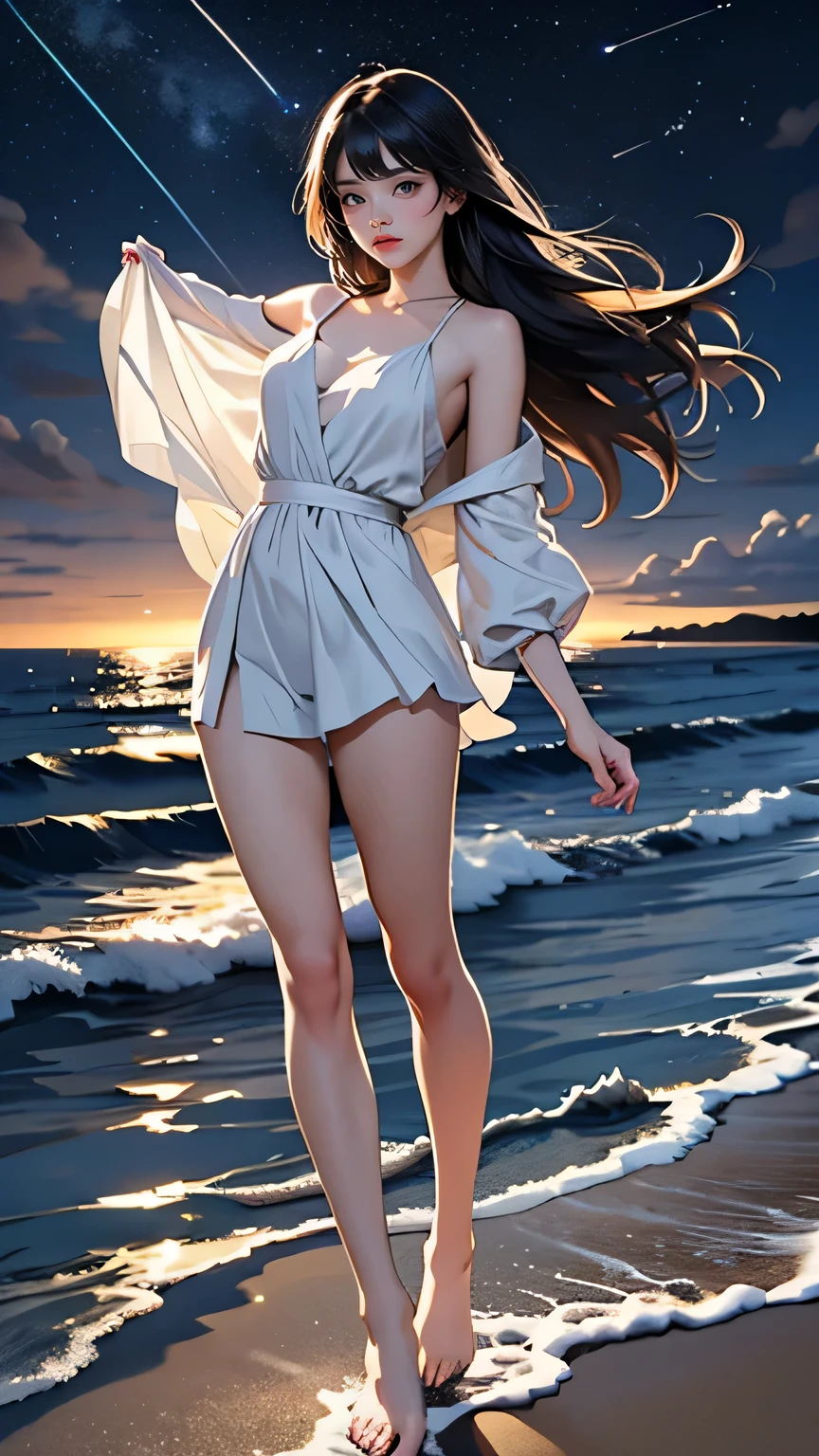 a beautiful young girl standing on her toes with one foot dipped in the ocean, sideways against the horizon, the scene glowing at night, with a meteor shower in the sky above the sea