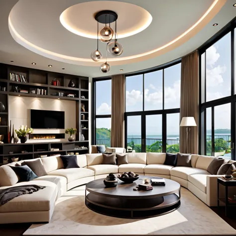 Design a luxurious and modern living room with high ceilings and a sophisticated aesthetic. The room features a large sectional ...