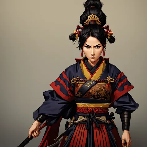 A tall, strong woman with short hair wearing a samurai outfit