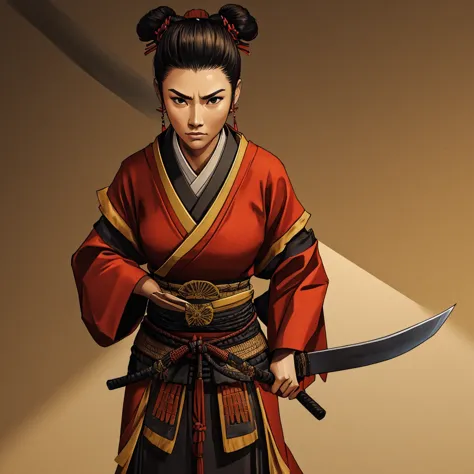 A tall, strong woman with short hair wearing a samurai outfit