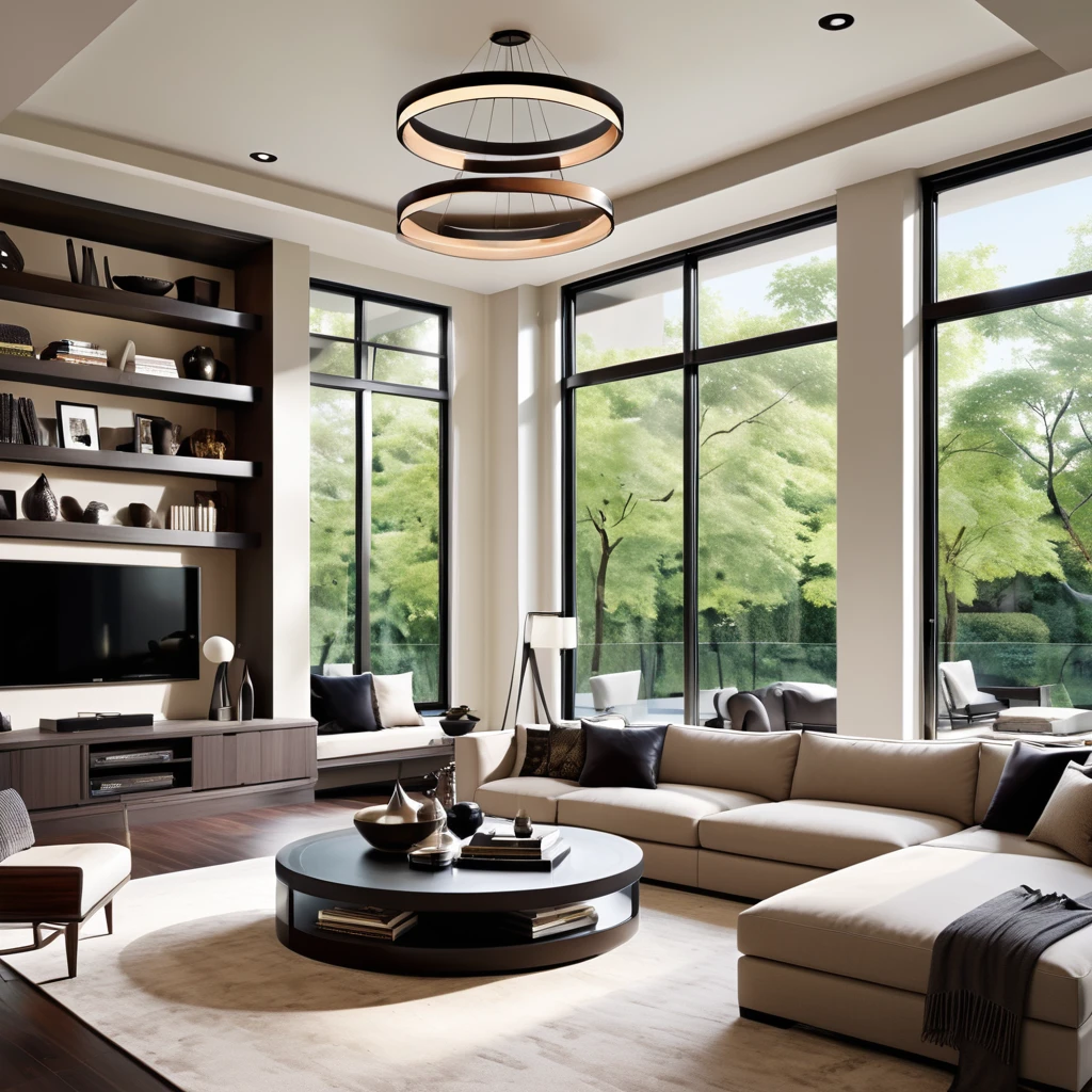 Create a sleek and elegant living room with a modern design. The room should have high ceilings and large floor-to-ceiling windows that bring in natural light. Furnish the space with a spacious sectional sofa adorned with neutral and dark pillows, a contemporary round coffee table, and an entertainment center with integrated shelves. Install circular pendant lights from the ceiling for a touch of sophistication. Decorate the shelves with a few decorative items and books to complete the stylish look.