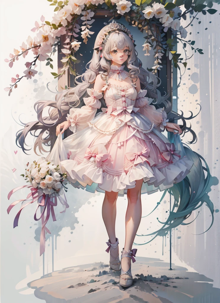 (Extremely delicate and beautiful:1.5),A Russian girl in her early 20s with ash grey hair, standing on your feet, solo, full body，Sweet face，Light smile，By bangs, Gemstone eyes, Contre-Jour，Long curly hair, Lolita dress, Keep one's mouth shut, seen from the side, lanterns, light particules, longer sleeves, looking at viewert，pink bows, The background is filled with seven colors, The face is dense((must))