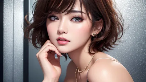 highest quality, 32k, raw photos, incredibly absurd, very detailed, neat and cool beauty, flowing layered short bob cut, dressed...