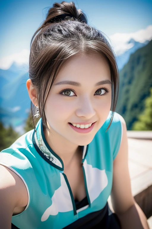 (masterpiece, a gorgeous lady, age 18, wearing Sky-blue traditional Qipao, relaxing, overlooking Swiss Alps, cool snowy morning, dimpled smile, short bob hair, ponytail, cute snaggleteeth, well-endowed round bosom, smooth porcelain skin, detailed face, beautiful detailed eyes, photorealistic, hyper-realism, high contrast, ultra HD, realistic skin texture, top image quality, top-quality, super high resolution, fine details, very meticulously, natural lighting, bokeh background, head to thigh, hip focus)