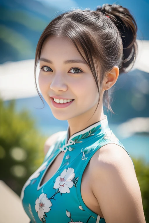 (masterpiece, a gorgeous lady, age 18, wearing Sky-blue traditional Qipao, relaxing, overlooking Swiss Alps, cool snowy morning, dimpled smile, short bob hair, ponytail, cute snaggleteeth, well-endowed round bosom, smooth porcelain skin, detailed face, beautiful detailed eyes, photorealistic, hyper-realism, high contrast, ultra HD, realistic skin texture, top image quality, top-quality, super high resolution, fine details, very meticulously, natural lighting, bokeh background, head to thigh, hip focus)